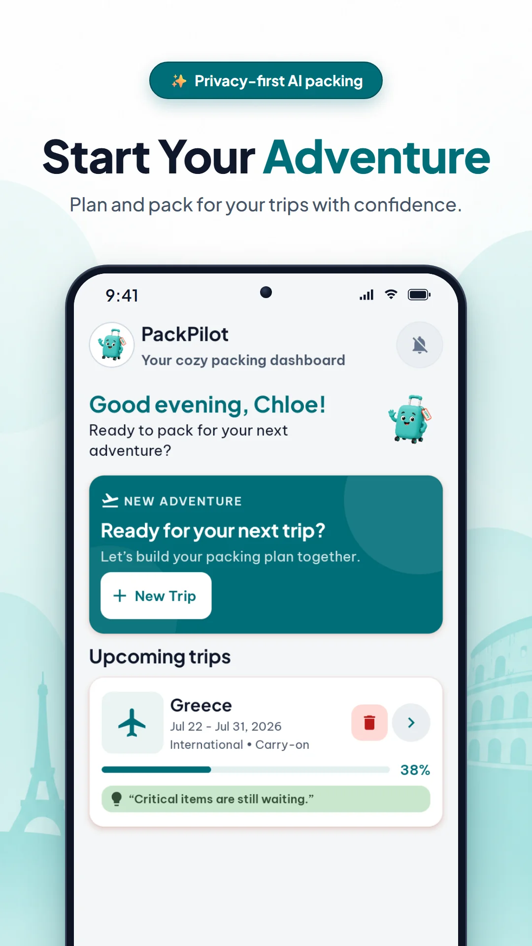 PackPilot Screenshot 1 - Home Dashboard